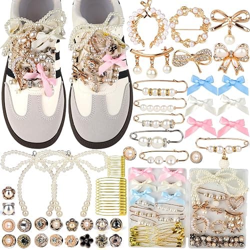 ELLEWIN 60 Pcs Charms for Socks Shoe Charms Safety Pin Brooch Gold Charms for Women Pearl Rhinestone Brooch Pins Junk Socks Pins Kit for Hat Clothes Shoe - Image 1