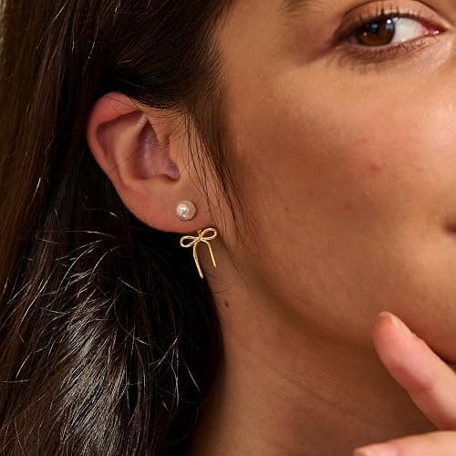 Risamil 14K Gold Plated/Silver Earrings for Women Trendy, Dainty Bow Earrings for Women Cute Pearl Huggie Earring Hoops Twist Rope Bow Stud Pearl Dangle Cubic Zirconia Earrings Jewelry Gifts thumbnail 3