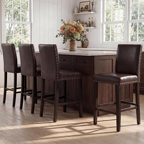 Upholstered Counter Height Bar Stools with Nailhead Trim, 24 Inch Seat Height, Solid Wood Frame, 300 LBS Weight Capacity, PU Leather & Fabric Options for Kitchen Island, Dining Room, Bar (Brown, 4pcs) - Image 1