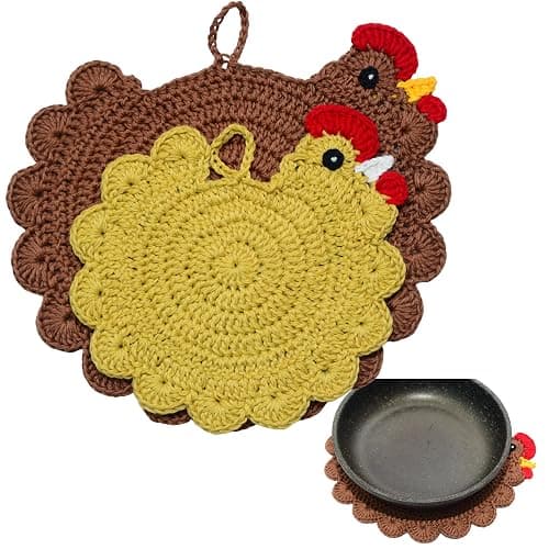 Handmade Crochet Chicken Trivets Set of 2, Chicken-Gifts, Valentine Gifts, Pot Holders, Heat Resistant Farmhouse Kitchen Home Decor, Cooking, Baking, Cute Desk Accessories, Tabletop Protection - Image 1