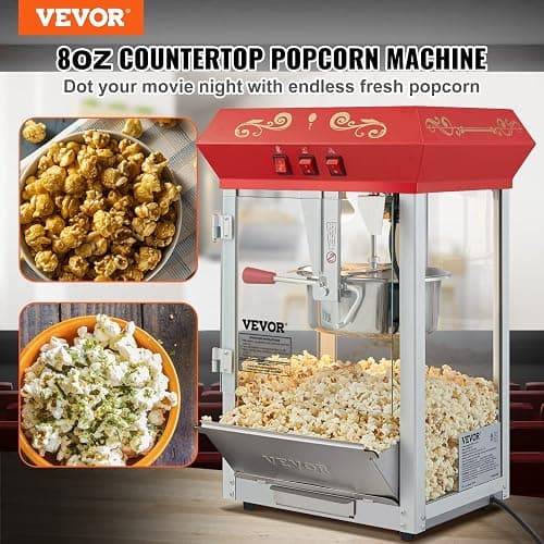 VEVOR Commercial Popcorn Machine, 8 Oz Kettle, 850 W Countertop Popcorn Maker for 48 Cups per Batch, Theater Style Popper with 3-Switch Control Steel Frame Tempered Glass Doors 2 Scoops 2 Spoons, Red thumbnail 4