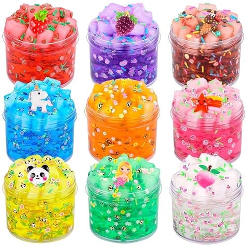 9 Pack Christmas Jelly Cube Clear Fluffy Slime Making Kit Party Favor, Crunchy Crystal Slime Charms for Girls and Boys, DIY Birthday Boba Slime for Kids, Bag Fillers Soft Non-Sticky Stress Relief Toys - Image 1