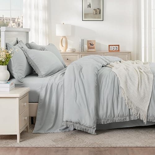 Andency Light Grey Queen Size Comforter Set with Sheets - 7 Pieces Boho Tassel Bed in a Bag Soft Lightweight Bedding Sets, Light Grey Fringe Bed Set with Comforter, Sheets, Pillowcases & Shams thumbnail 3