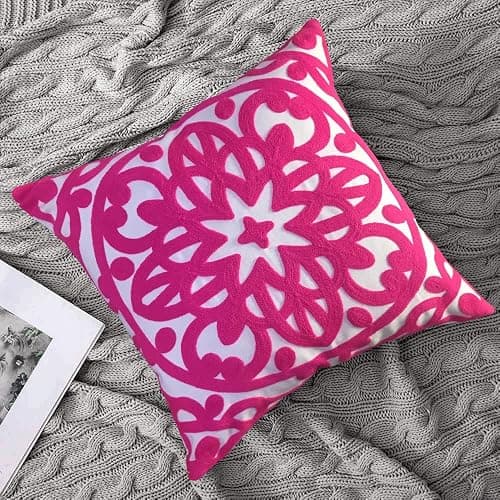 Alysheer Embroidered Decorative Throw Pillow Cover 18x18 inches, Classic Boho Mandala Knit Pattern, Farmhouse Cottage Cotton Canvas Cushion Case for Sofa Couch Bed Living Room Decor(Bright Hot Pink) thumbnail 7