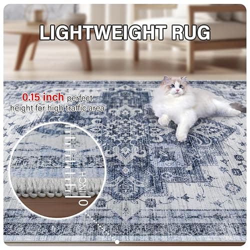 Washable Rug Living Room Rugs: 6x9 Area Rug Large Soft Boho Vintage Medallion Carpets Indoor Floor Anti Slip Non-Shedding Thin Carpet for Bedroom Dining Room Farmhouse Nursery Home Office-Blue/White thumbnail 6
