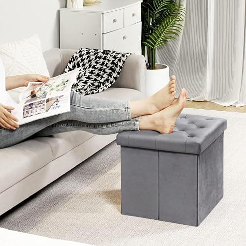 B FSOBEIIALEO Storage Ottoman Cube, Velvet Tufted Folding Ottomans with Lid, Footstool Rest Padded Seat for Bedroom (Grey, Medium) thumbnail 5