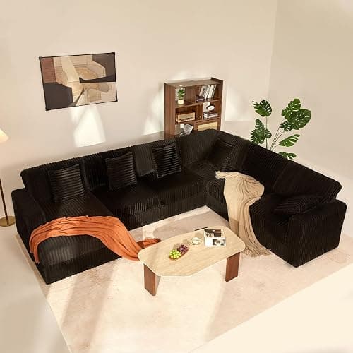 Cloud Couch 139" U-Shaped Couch, Oversized 7-Seater Modular Couch, Queen Sofa with Corduroy Upholstery, Deep Seats, High Backrest & Pocket Spring Cushions for Living Room, Left Facing Chaise, Black thumbnail 2