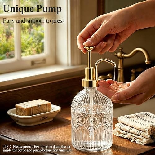 SheeChung 12Oz Vintage Glass Bathroom Soap Dispenser, Kitchen Dish Soap Dispenser with Pump, Refillable Liquid Hand Soap Bottle, Lotion, Antique Rustic Farmhouse Decor (Clear-Gold Pump, 2 Pack) thumbnail 6