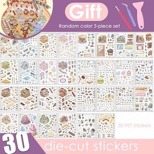 TIYIMIYUXU 20 3D Sticker Scene Set,Scene Stickers Therapy for Adults, Vivid Isometric House 3D Space DIY Sticker Book,Fun Cute Cartoon Stickers,Mini Scenes Relieve Stress thumbnail 4