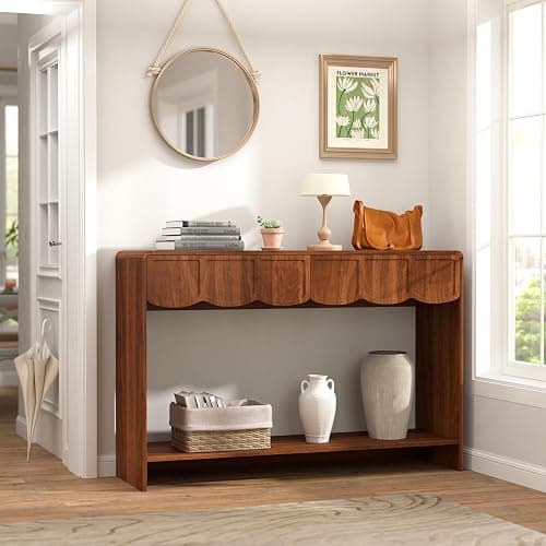 Console Table with Drawers, Mid-Century 43 Inches Narrow Entryway Tables with Open Storage Shelves, Hallway Accent Tables Behind Couch Table for Living Room - Walnut - Walnut thumbnail 6