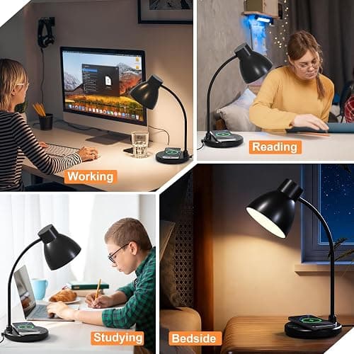 Vicsoon Desk Lamps for Home Office - LED Desk Lamp with Wireless Charger, 3 Color Modes Dimmable Eye-Caring Study Reading Desk Light, Small Flexible Arm Table Lamp for College Dorm Room Bedside, Black thumbnail 8
