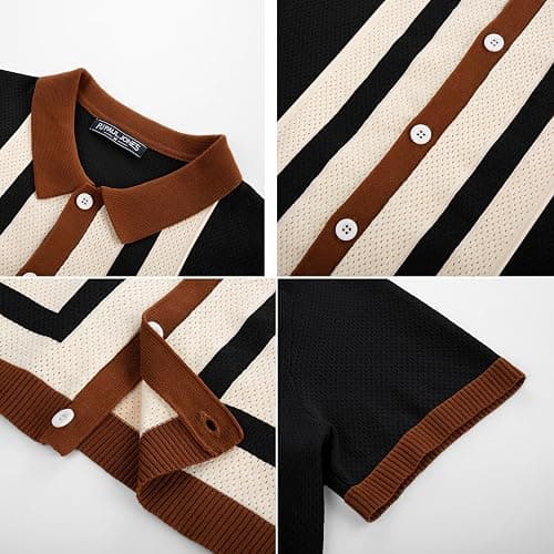 PJ PAUL JONES Mens Polo Shirts Vintage Striped Button Down Knitted Golf Shirts thumbnail 5
