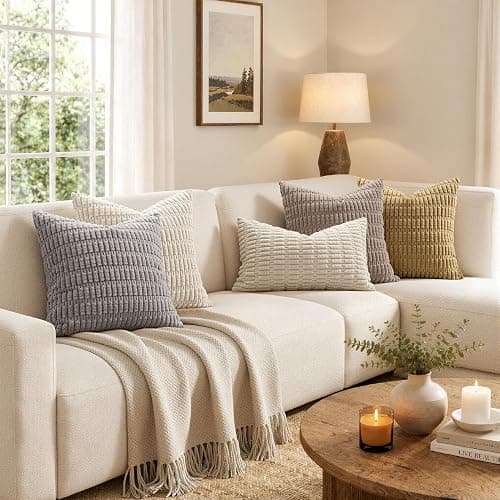 MIULEE Corduroy Decorative Throw Pillow Covers 18x18 Cream White Pack of 2 | Soft Boho Striped Pillow Covers Modern Farmhouse Home Decor For Sofa Living Room Couch Bed thumbnail 3