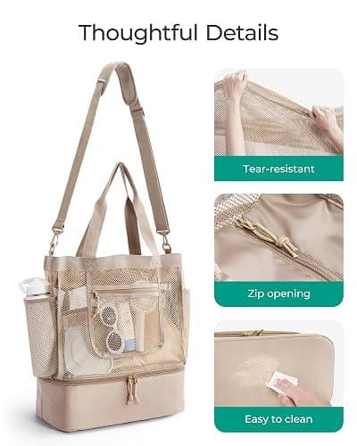 BAGSMART Beach Bag for Women, Mesh Tote Bags with Zipper, Sandproof Vacation Essentials with Cooler for Swim Cruise Pool thumbnail 5