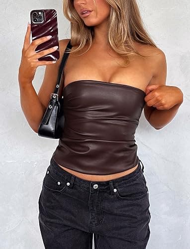 OZICERD Faux Leather Tube Top Strapless Going Out Tops for Women Sexy Club Tops Rave Concert Outfit Ruched Bandeau Crop Top thumbnail 4
