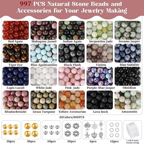 Zefy 996 Pcs 6mm Natural Stone Beads, Round Crystal Bead Genuine Real Stones, Gemstone Beads Kit with Spacer Bead Charms for Bracelets Jewelry Making (20 Colors) thumbnail 4