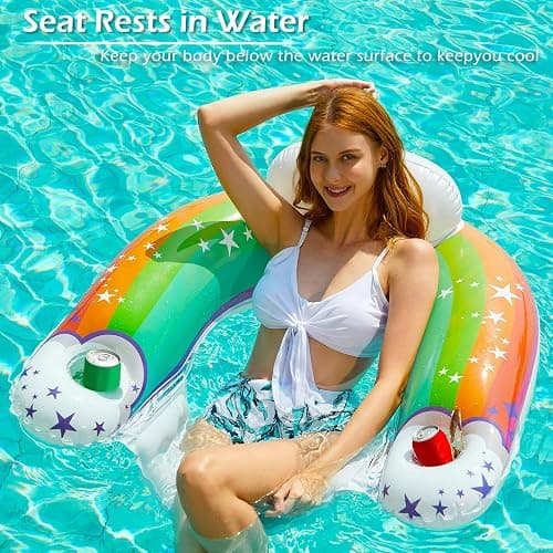 Jasonwell Inflatable Pool Float Chair - Pool Floaties Floating Pool Chair Lounge Floats for Swimming Pool Water Chair Pool Lounger with Cup Holder Pool Toy Party Floaty Adults (Rainbow-L) thumbnail 3