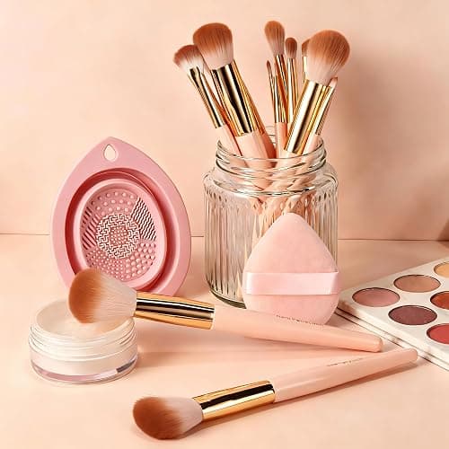 Real Perfection Makeup Brushes Set 14 Pcs with 1 Foldable Silicone Cleaner Bowl and 1 Powder Puff, Professional Foundation Eyeshadow Concealer Blush Powder Bronzer Make up Brushes Kit - Pink thumbnail 8