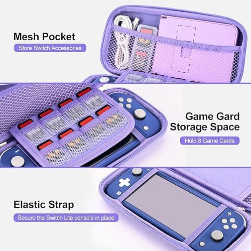 innoAura Switch Lite Case 18-in-1 Accessories Bundle for NS Switch Lite (2019), with Protective Carrying Case, Game Holder, Screen Protector & Cute Thumb Grips, Purple thumbnail 4