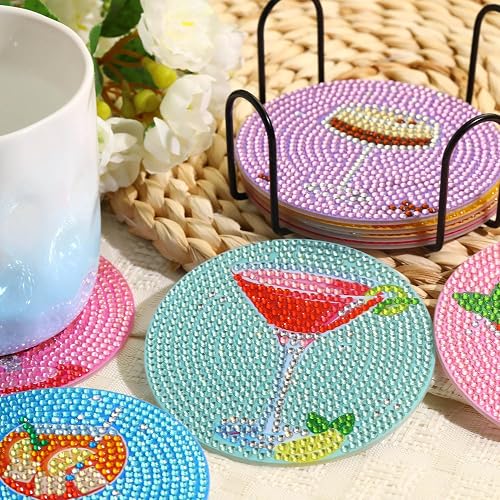 8 PCS Cocktail Diamond Art Coasters Kits, Diamond Painting Coasters with Holder Set of 8, DIY Drink Coasters Art Crafts Supplies for Adults Cup Mat for Home Decor House Warming Gifts Non-Slip 3.9inch thumbnail 2