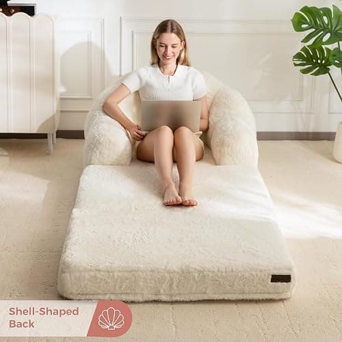 MAXYOYO Folding Sofa Bed, 2 in 1 Convertible Sofa to Lounger Comfy Single Bean Bag Chair for Adults, Floor Sleeper Couch with Handle, Faux Fur Couch Bed for Living Room Bedroom, Beige thumbnail 2