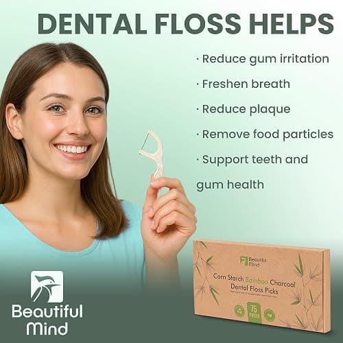 Natural Dental Floss Picks 75 Pack – Organic Biodegradable Floss Sticks with Strong Bamboo Charcoal Thread & Vegan Cornstarch Handle – No Plastics, No Artificial Flavours - Kraft Paper Box thumbnail 2