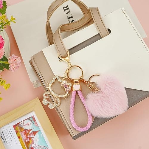 Bling Keychain for Women，Kawaii Heart Pom Pom Keychain， Versatile Accessory for Backpacks, Handbags, and Car Keys thumbnail 6