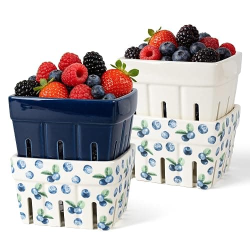 AELS Ceramic Berry Basket, Farmhouse Fruit Bowl Container for Fruit & Vegetables, Farmers Market, Kitchen Decor, Stoneware Harvest Bowls, Set of 4, Navy Blueberry - Image 1