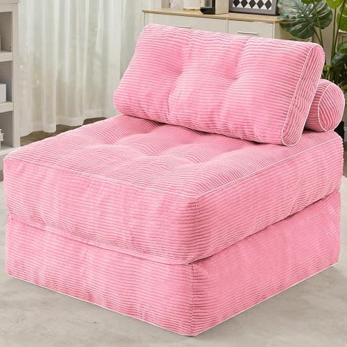 HABUTWAY Folding Sofa Bed, Convertible Sleeper Chair Bed w/Dual-Pillow & Handle, Foldable Floor Sofa Lounge w/Back Support for Living Room, Bedroom, Apartment, Office, Single, Pink - Image 1