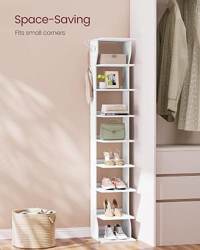 VASAGLE Slim Shoe Rack, Narrow Shoe Storage Organiser, 9-Tier Shoe Stand, for Small Spaces, Hallway, Cloakroom, Matte White LBS210WB01 thumbnail 4