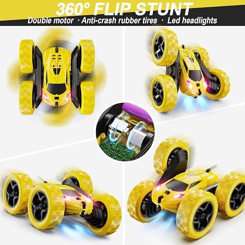 QUNREDA Remote Control Car,RC Car Toys for 6-12 Year Old Boys, Off Road RC Stunt Car 4WD 360° Rotating Remote Control Car for Kids, Boys Girls Gifts for Birthday, Christmas Yellow thumbnail 4