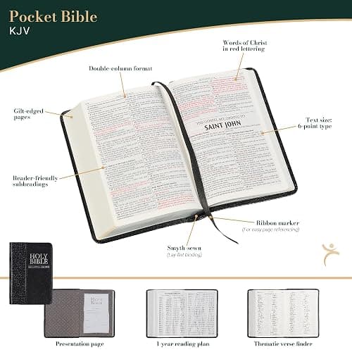 KJV Holy Bible, Mini Pocket Size, Black Faux Leather w/Ribbon Marker, Red Letter, King James Version thumbnail 2