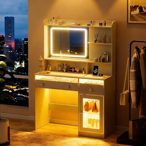 Korfile Vanity Desk, Makeup Vanity Desk with Mirror and Lights 3 Colors, Transparent Top with 2 RGB Drawers, 3 Shelves, 1 Large Tempered Cabinets, Power Outlet for Bedroom, White thumbnail 8