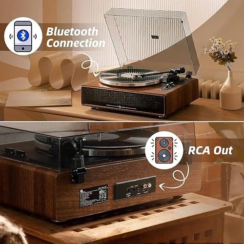 1 BY ONE Tocadiscos HiFi Bluetooth portátil Reproductor de Discos de Vinilo con Cartucho 33/45 RP Reproducción Inalámbrica Altavoces Estéreo Integrados AUX,RCA (Color Madera) thumbnail 3
