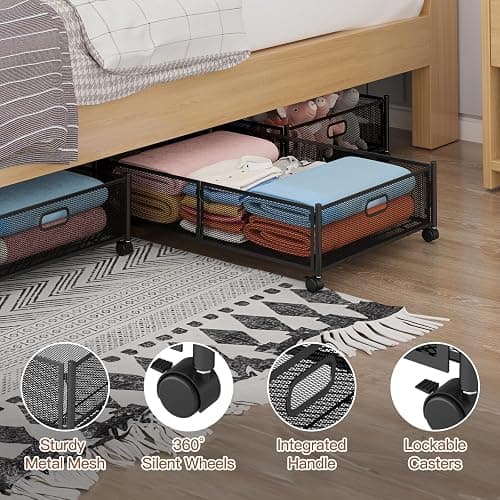 Gawerk Under Bed Storage with Wheels, Foldable Metal Mesh Underbed Storage Container Bins, Tool-free Assembly Clothes Drawer Organizer,2Pack thumbnail 4
