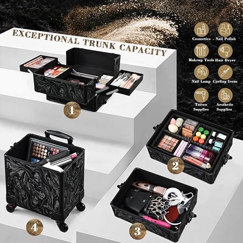 Stagiant Rolling Makeup Case Cosmetology Case on Wheels 4 in 1 Makeup Travel Case Extra Large Cosmetic Box with Key Make Up Artist Traveling Storage Nail Case Salon Barber Cart Trunk Alpine Black thumbnail 2
