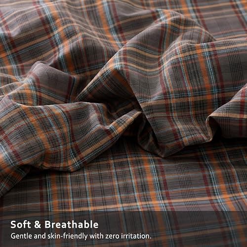 Cozaline 100% Cotton Vintage Plaid Duvet Cover Queen Size - Dark Gray and Burnt Orange Checkered Pattern Duvet Cover Set with Zipper Closure, 3 Pieces Soft & Breathable Bedding Set for All Seasons thumbnail 7