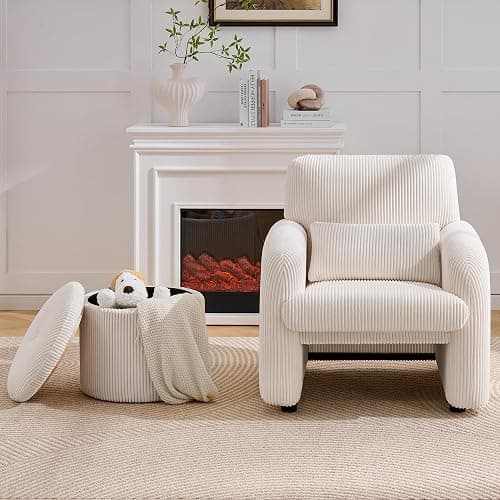 WUTUTUEE Corduroy Storage Ottoman with Flip-Top Tray, Modern Upholstered Ottoman Coffee Table, Dual Leg Options Ottoman Footrest for Living Room, Bedroom, Office, White thumbnail 7