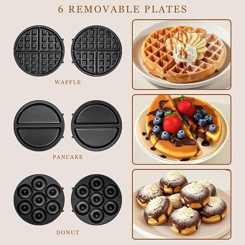 Mini Waffles Maker with 6 Removable Plates, 3 in 1 Small Waffle Maker Mini- Waffle, Pancake, Donut, 6" Non Stick Waffle Iron for Kids and Families, Black thumbnail 5