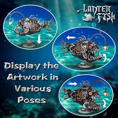 PLAYBRIX Mechanical Lantern Fish Building Sets for Adults, Compatible with Lego, Creative Ocean Animal Toy for Home Office Decor, STEM Gift for Boys 8-14 thumbnail 5