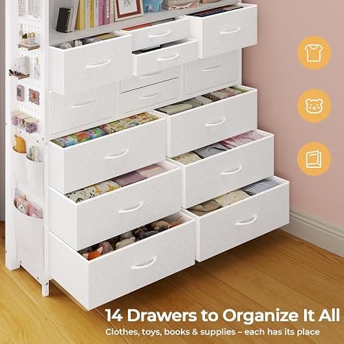 ADORNEVE Twin Loft Bed with Desk,14 Storage Drawers & Power Outlet, Kids Loft Bed Twin Size with LED Lights, Pegboard, Metal Loft Beds with Safety Guardrail & Ladder, Space Saving for Teens, White thumbnail 3