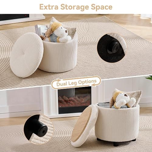 WUTUTUEE Corduroy Storage Ottoman with Flip-Top Tray, Modern Upholstered Ottoman Coffee Table, Dual Leg Options Ottoman Footrest for Living Room, Bedroom, Office, White thumbnail 4