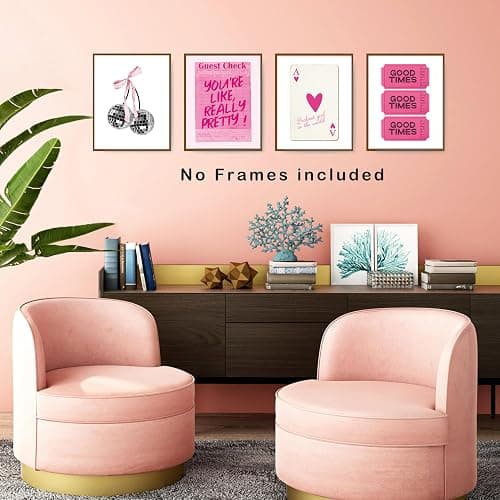 okaxscm Hot Pink Trendy Preppy Wall Art Prints Set of 4, Coquette Preppy Room Decor Aesthetic, Pink Room Wall Decor, Pink Cherry Disco Ball Wall Decor Posters for Girls Bedroom Dorm, 8x10 Unframed - 8x10 - pink thumbnail 5