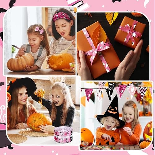 Hosuly 40 Pcs Pink Halloween Fabric Patchwork Roll Halloween Pumpkin Ghost Fabric Quilting Strips 2.55 Inch Boo Precut Patchwork Roll for Sewing DIY Craft Home Party Decor thumbnail 6