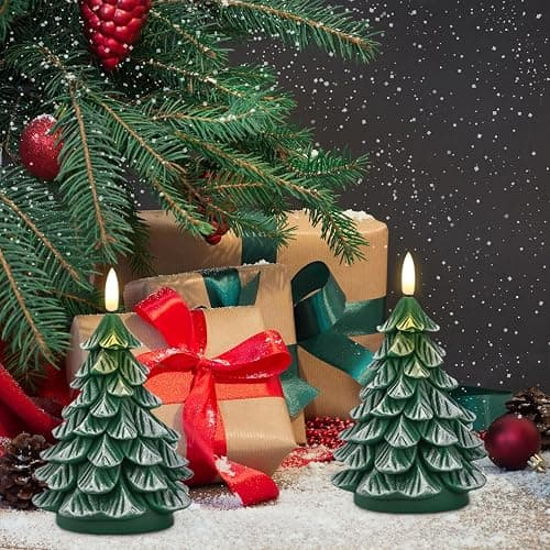 KunSwenn Christmas Tree Candles, 2 Pack Real Wax Christmas Tree Shaped Flameless Candles Battery Operated with 6H Timer, Green LED Flameless Candlesticks Imitate Snow Design for Christmas Winter Decor thumbnail 3