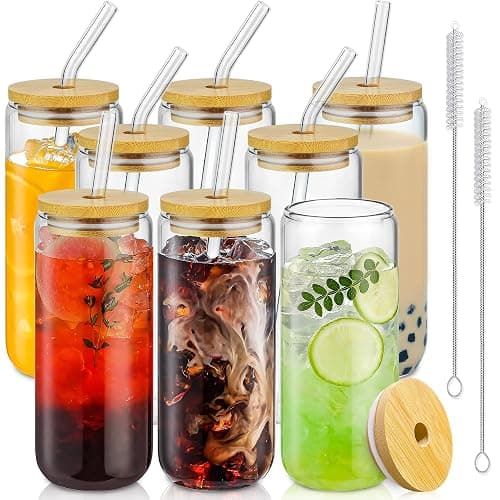 SENTVEND 20 Oz Drinking Glasses with Bamboo Lids and Glass Straw - 8 Pcs Glass Cups Beer Ice Coffee Glasses Cute Aesthetic Cup Great for Coffee Bar Accessories Include 2 Cleaning Brushes - Image 1