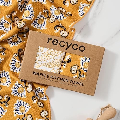 RECYCO Waffle Kitchen Towel Set of 2 - Quick Dry Microfiber Sustainable Dish Towels - Ultra Absorbent Reusable Cleaning Tea Towels - Lightweight Hand Towels,16”x 28”, Marigold Mosaic thumbnail 7