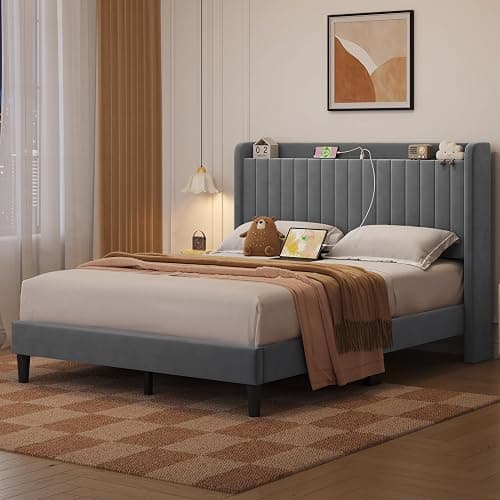 Yaheetech Queen Bed Frame with USB Charging Station and Storage Shelf/Upholstered Headboard Platform Bed with Wing Side/Wooden Slats Support/Noise Free/No Box Spring Needed/Easy Assembly, Light Grey thumbnail 9