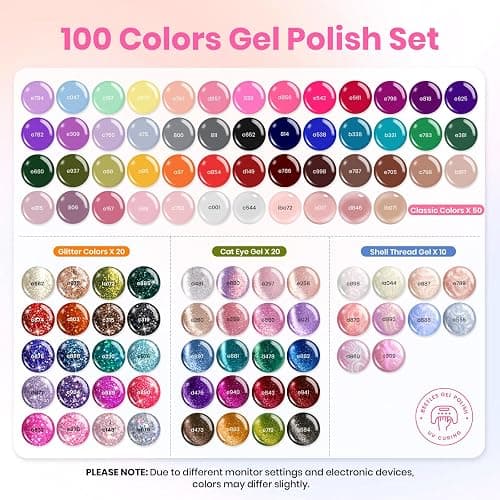 Beetles 100 Colors Gel Nail Polish Set, 119 PCS Nail Polish Kit All Season Cat Eye Pink Blue Jelly Glitter Pearl Gel Polish & 5Pcs Base Top Coat Soak off UV Manicure Nail Art Home Gifts for Women thumbnail 2