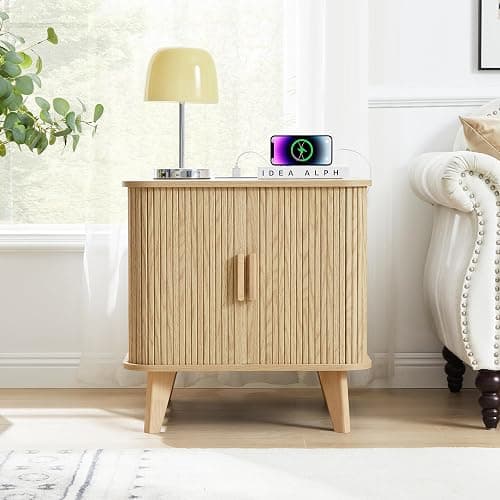 RUSTYER Farmhouse Square End Table with Charging Station, 24" Large Fluted Sofa Side Table with Sliding Tambour Door and Storage, Rustic Curved Wood Nightstand for Living Room, Bedroom, Natural thumbnail 9